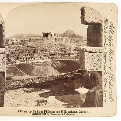 Philopappos Hill Athens Acropolis Stereoview c1897 Greece Man Reading Card A1845