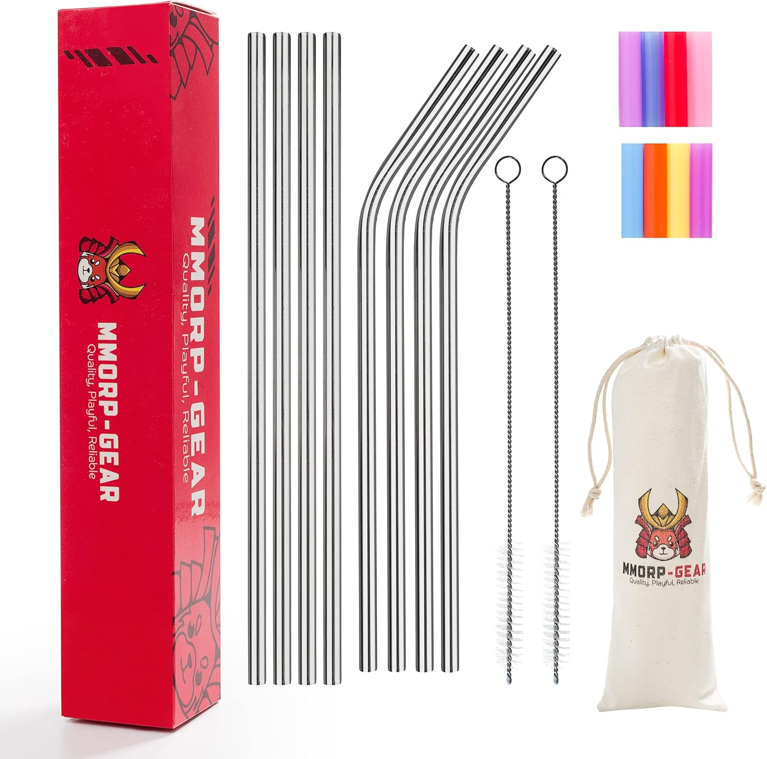 Stainless Steel Straws with Silicone Tips - Reusable Straw Set with 4 Straight M