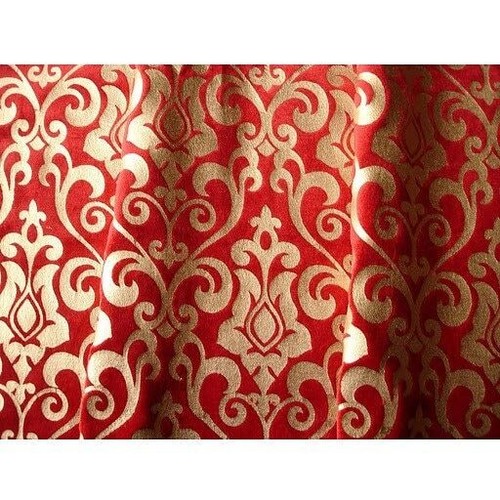 Red Damask Printed Velvet Fabric By The Yard, Velvet Fabric With Gold Print - Picture 5 of 5
