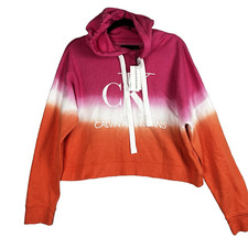 Calvin Klein Jeans Womens Hoodie Large Tie-Dyed Crop Top Logo Pullover