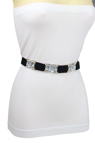 Women Black Elastic Band Fancy Dressy Belt Shiny Silver Gold Metal Buckle S M - Picture 21 of 24