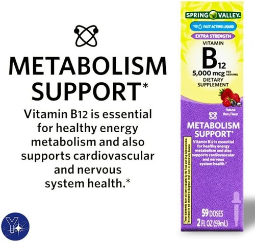 Spring Valley Liquid Vitamin B12, 5000mcg, Metabolism Supplement, Berry, 2 fl oz