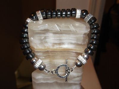 Men's 8 3/4'' 10 mm Black Rondelle Hematite and Sterling Silver Beaded Bracelet