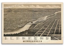 Bird's Eye View 1879 Minneapolis Minnesota Vintage Style City Map - 16x24