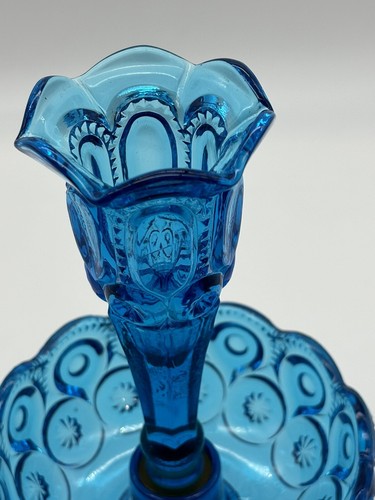 Rare Vintage LE Smith Glass Colonial Blue Epergne Single Horn Moon and Stars 8" - Picture 6 of 20