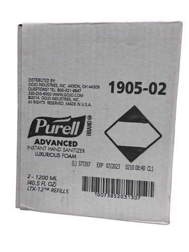 2 Purell 1905-02 Advanced Hand Sanitizer Foam 1200ml LTX-12 Dispenser ...