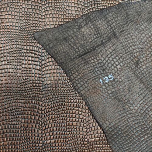 Dark brown vintage metallic crocodile embossed cow leather hide for bag & craft - Picture 3 of 10