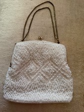 BEADED PURSE FLORAL White Gold Clasps Gold Tone Chain Handles Satin Inner Pocket