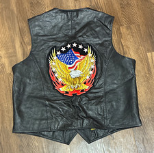 Vintage Wilsons Leather Biker Vest XL Black V-Neck Snap Pockets sewn Eagle Patch