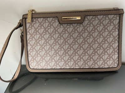 Anne Klein AK Monogram Logo Zip Clutch Wristlet Brown & Beige with Strap