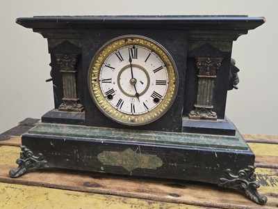 Seth Thomas Adamantine Mantel Clock 16x11 Black Green Columns Parts/Repair