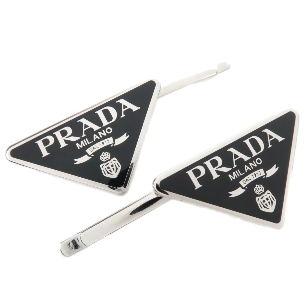 PRADA Set of 2 Triangle Logo Hair Clip Metal Silver Black  display picture 1