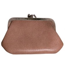 Vintage Tan Leather Double Kiss Lock Coin Purse Dual Compartment RED LINING