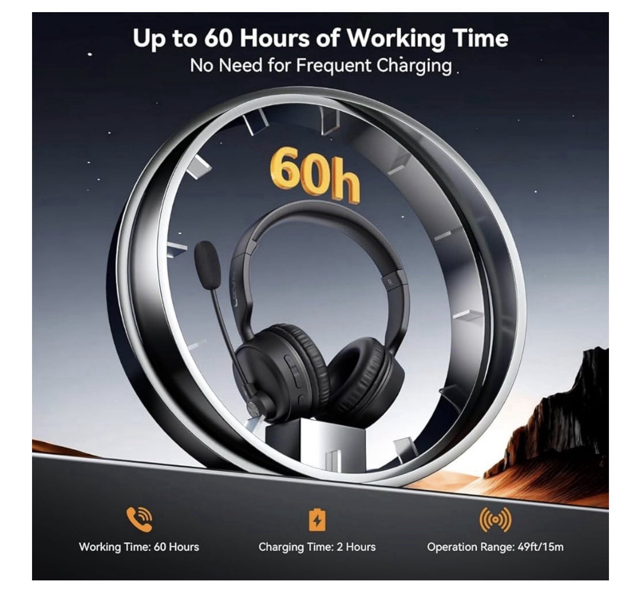 Bluetooth Headset with Microphone, 60 Hrs Working Time Dual Connection