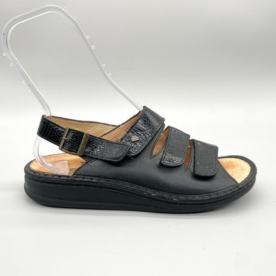Finn Comfort Womens 42 11.5 Sylt Soft Sandals Black Leather Triple Strap Walking