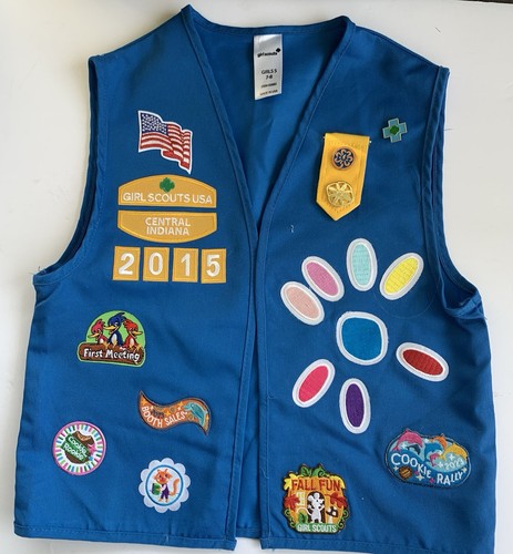 Girl Scout Daisy Vest Blue with Iron-On Patches and Pins Indiana Size 7-8