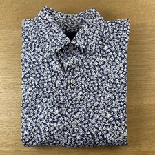 David Donahue Men's Medium M Blue/White Floral AOP Geo Dress Shirt 155