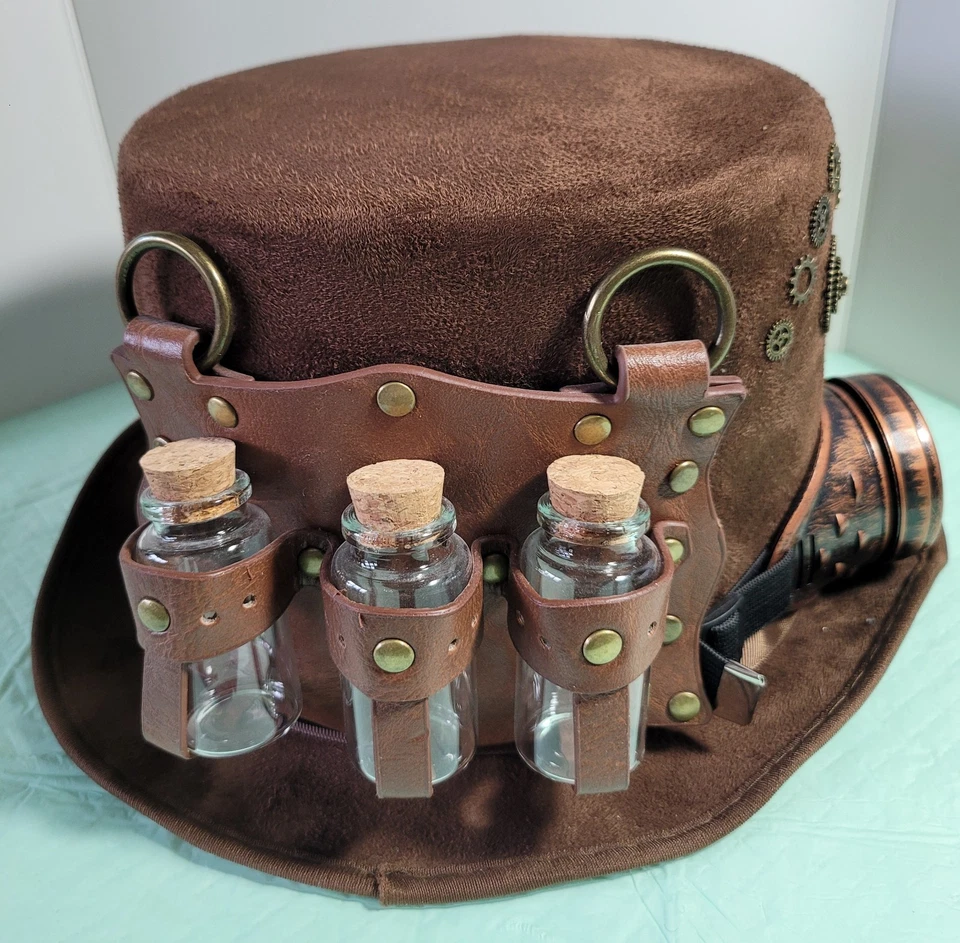 Sombrero de copa Steampunk adornado marrón gamuza como gafas envío gratuito Foto 3 de 4