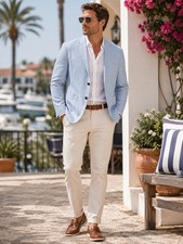 H M Slim Fit Cotton Blend Blazer Light Blue Tailored Sport Coat Preppy