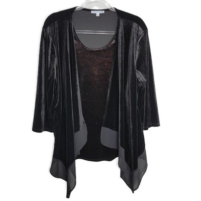 Notations Womans 1X Black Velvet Glitter 2Fer Top 3/4 Sleeve Stretch Party