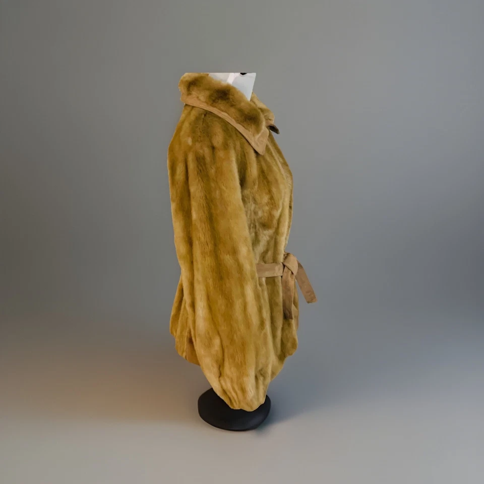 VTG 60s Womens Faux Fur Coat Size M England Belted Suede Panels Mob Wife Style - Image 3 of 4