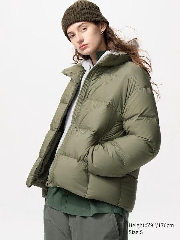 NWT UNIQLO Powder Soft Down 750+ Jacket Coat Olive Green XS Extra Small Winter