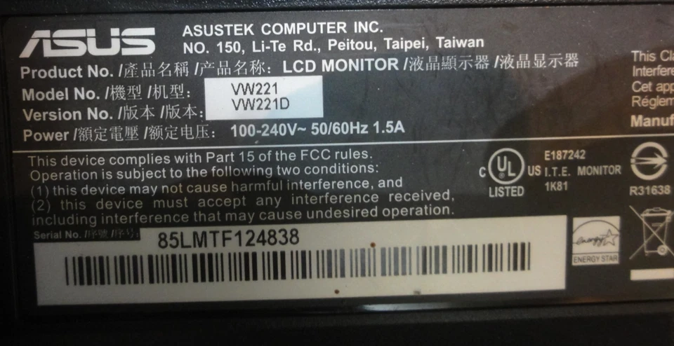 LCD Monitor Asus VW221 21,6 Zoll (55 cm) VGA - Bild 4 von 4