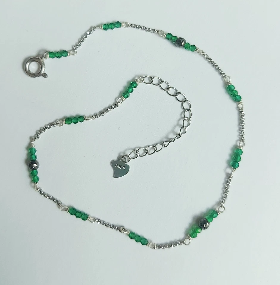 cavigliera argento 925 con cubic zirconia verdi e sfere di argento brunito - Immagine 3 di 4