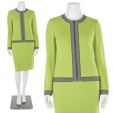 St. John Collection 2Pc Skirt Suit sz 8/S Bright Green/Black Jacket  Skirt Set