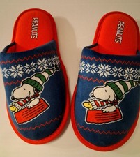 Peanuts Kids Slippers Snoopy HOLIDAY Red Blue Slip on Youths L 13-1-NEW-FSHIP