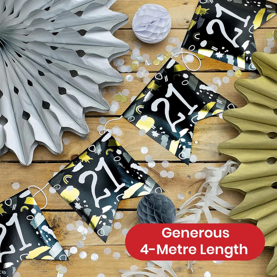 Banderín de fiesta Feliz 21 cumpleaños blanco y negro 4M con 10 banderas Foto 3 de 4