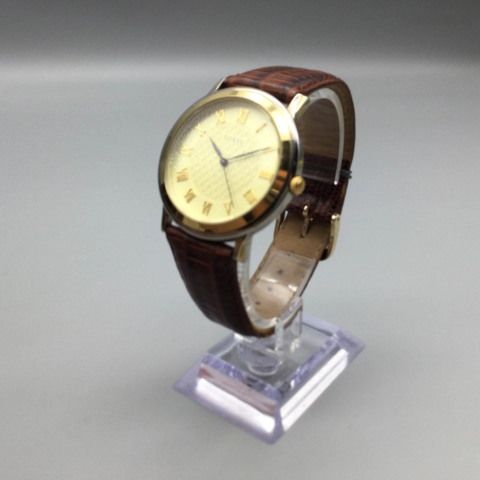 Guess Watch Men 37mm Gold Tone Dial Brown Leather Band New Battery - Image 4 of 4