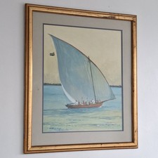 Dipinto olio originale Pamela Lander brezza serale Emirati Arabi Uniti barca a vela arte vintage