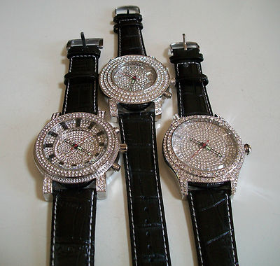 Men's Silver Finish Stone Black Leather Band Fashion Dressy Party Watch