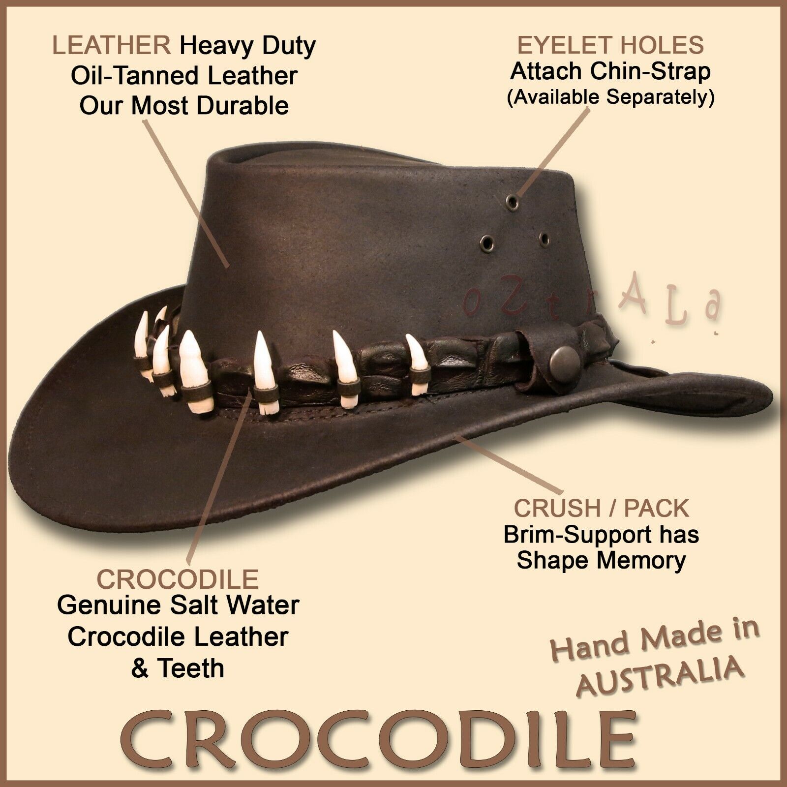 【oZtrALa】LEATHER Hat CROCODILE Band Mens AUSTRALIAN Outback DUNDEE Jacaru Cowboy