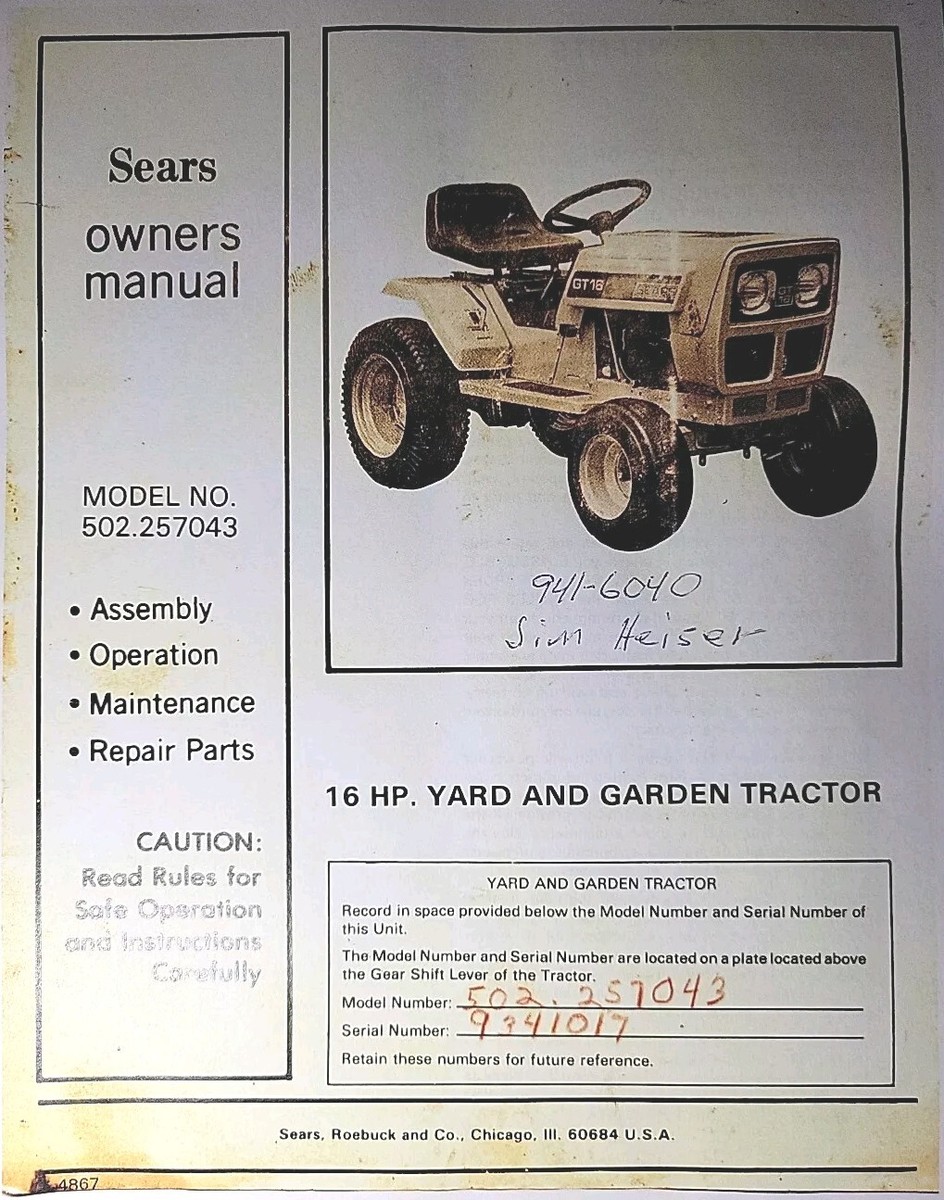 Sears Murray GT 16 Yard Garden Tractor Owner Parts