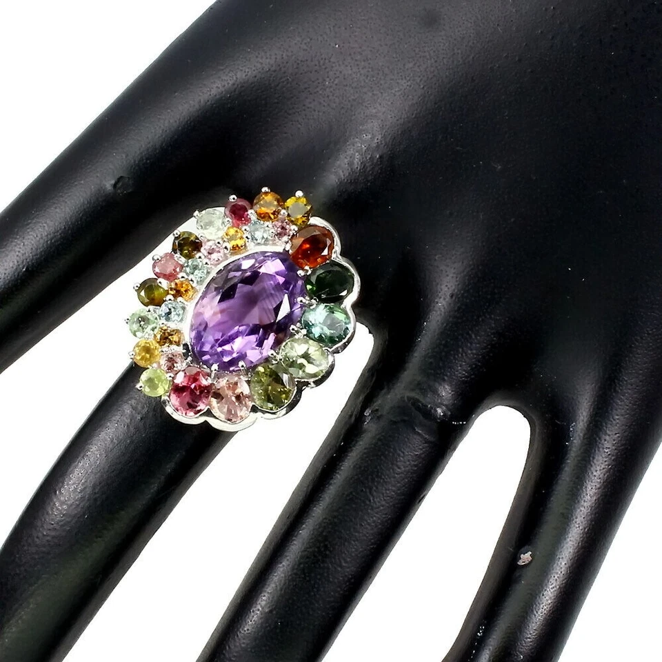 Anillo De Turmalina Y Amatista Natural SHOLA Talla 17,2 De Plata Esterlina R658 - Imagen 3 de 3