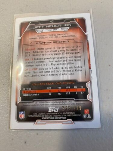 Bowman 2015 refractores cromados naranja #RCRAJHE Jeff Heuerman novato automático radiocontrol/299 - Imagen 2 de 2