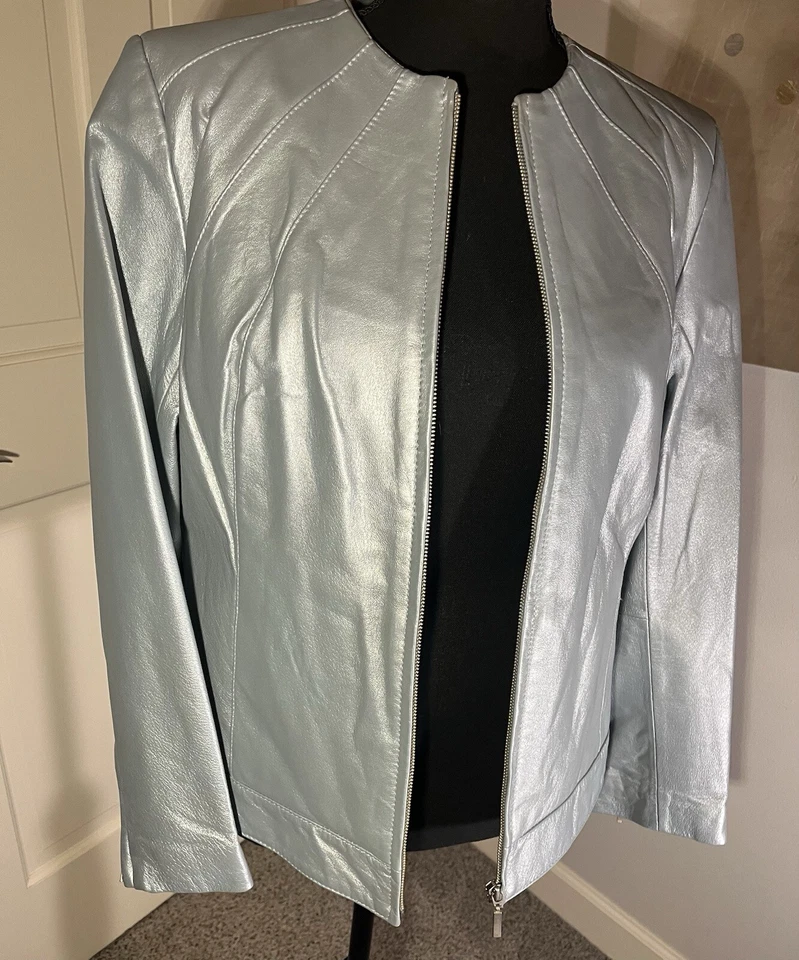 Vintage DIALOGUE Women’s Leather Blue Pearl Shimmer Metallic Jacket Small - Image 2 of 4