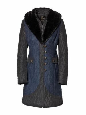 Creenstone Black with Navy pinstripe faux fur collar coat size