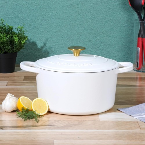 Crock Pot Artisan 5-Quart Round Dutch Oven - Matte Linen White w/ Gold Knob - Picture 4 of 6