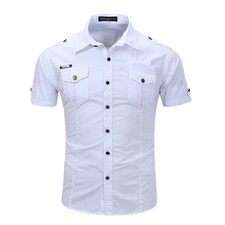 Men's Army Short Sleeves Dress Shirts Slim Fit Casual Camisas Multicolor Shirts