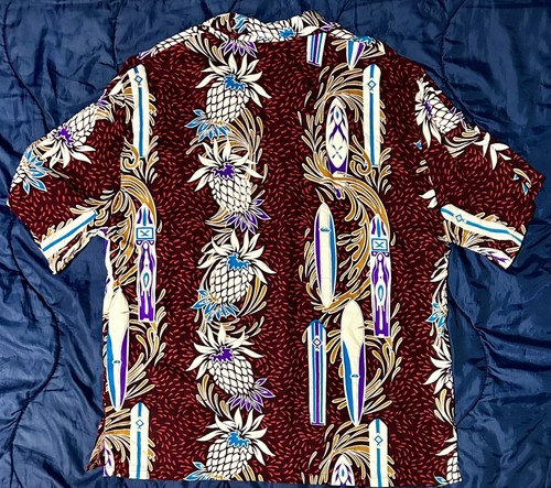 Original Hawaiian Shirt By Basix Large Surfboards Pineapples Rayon Red White - Picture 3 of 4