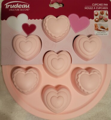 Trudeau Structure Silicone Pink Valentines Cupcake Pan Mold - 7 Hearts -BPA Free