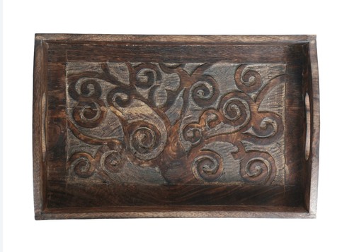 Wooden Rectangular Serving Tray with Hand Carved Bail and Leaves Design - Picture 4 of 5