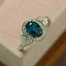 2Ct Oval Lab-Created London Blue Topaz Halo Engagement Ring White Gold Plated