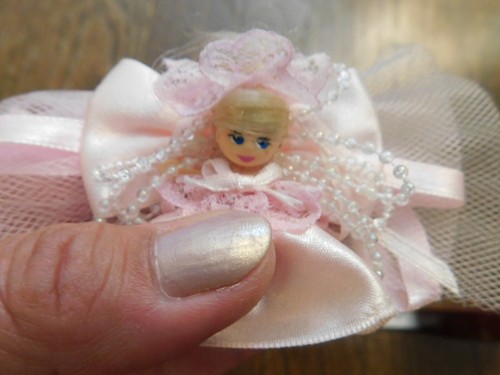 Vtg Hair Clip Barrette 3D Mini Doll in Pink Satin Dress w beads Netting Bow CUTE - Picture 5 of 5