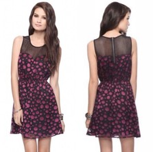 Forever 21 Dress Size Large Black Purple Polka Dot Mesh A- Line Short Mini Party