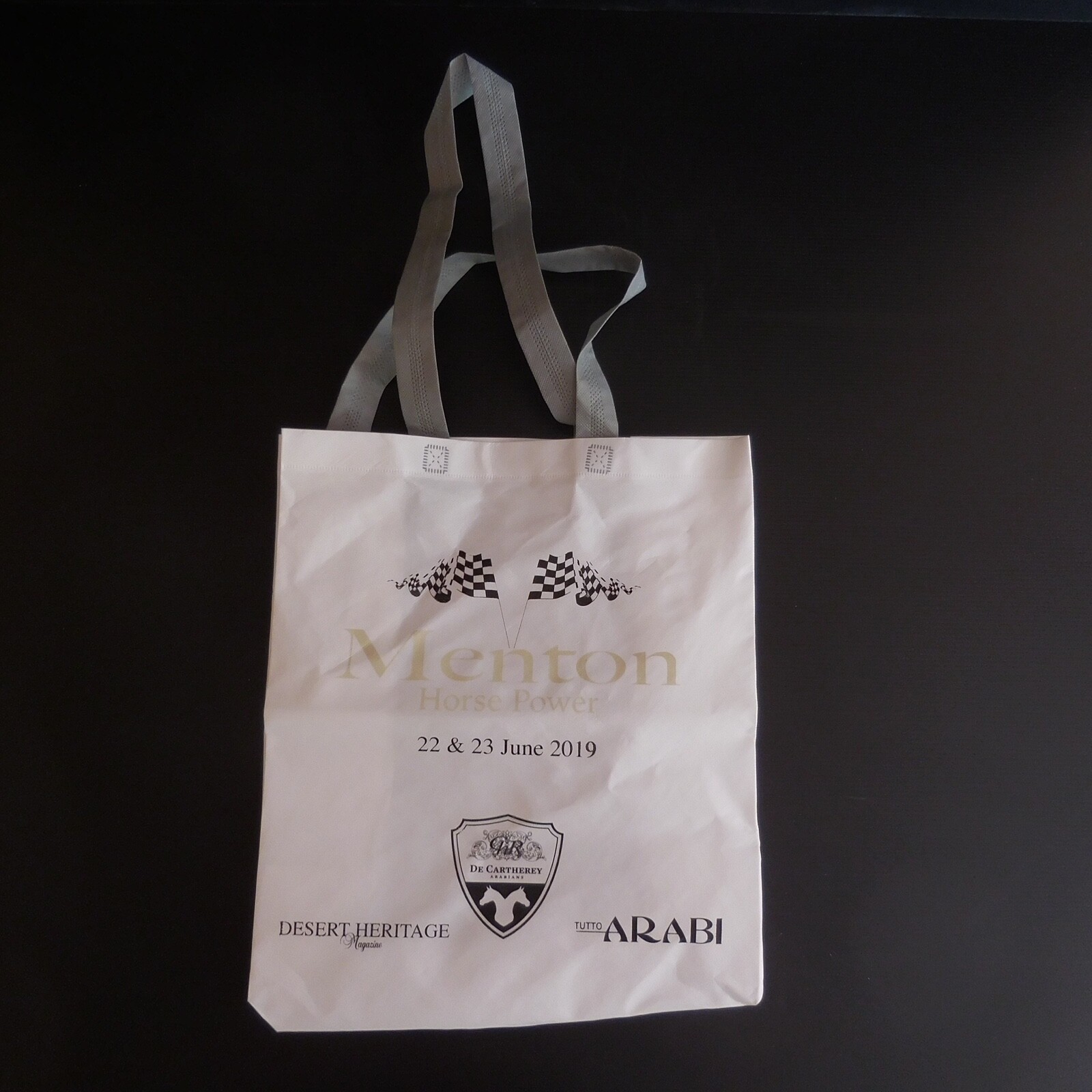 Sac publicitaire cheval arabe Menton imprimé équestre vintage en toile beige