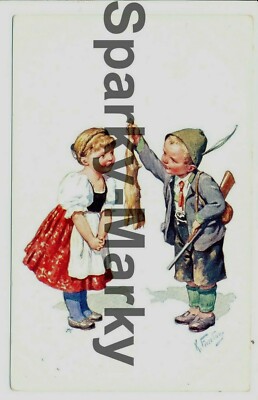 Junge mit totem Hase Künstler signiert K Feiertag Vintage Postkarte G06